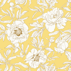 Peony flower. Seamless pattern, background. Black and white graphics. Vector illustration. In botanical style In soft mellow yellow color..