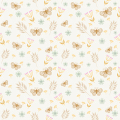 Seamless background with leaves flowers, butterflies, decor elements on a neutral background. Vector flat style. hand drawing. the theme of plants. Design for fabric, textile, wrap, print.