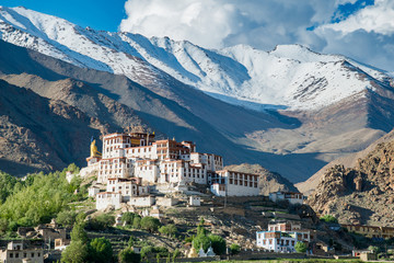 Liker Gompa Monastery, in the Himalyan foothills with mountain and sky background in Leh - Ladakh northern of India - obrazy, fototapety, plakaty
