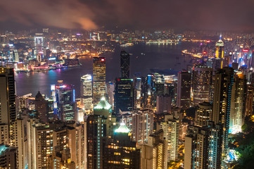 Hong Kong central district skyline and Victoria Harbour view at night
