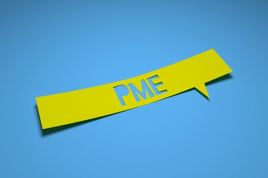 Bubble speech with cut out phrase "PME" in the paper. SME in portuguese.  Small and medium-sized enterprisessmall and medium enterprises