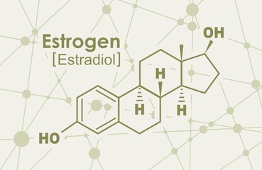Chemical molecular formula hormone estrogen. Infographics illustration. Connected lines with dots background.