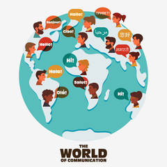  Set of social people on World map with speech bubbles in different languages. Male and female faces avatars. Communication, chat, assistance, interpretation and people connection vector concept