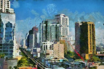 The landscape of the city center of Bangkok Illustrations creates an impressionist style of painting.