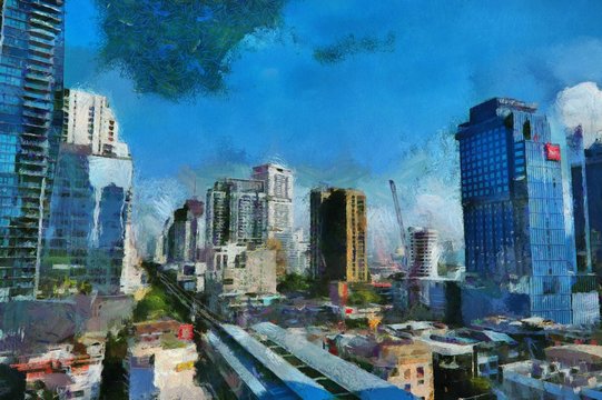 The landscape of the city center of Bangkok Illustrations creates an impressionist style of painting.