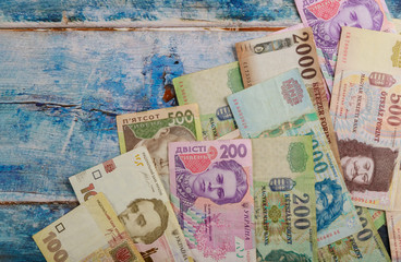 Hungarian forint banknotes and Ukrainian hryvnias currency money