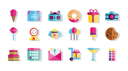 happy birthday celebration decoration icons set