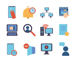 technology data digital multimedia icons set