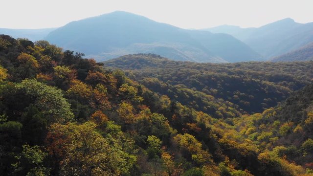 The road to the mountain gorge near Mtskheta, the ancient capital of Georgia. autumn forest on the slopes of the foothills of the Caucasus