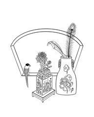 Digital illustration about plants and bird, black and white.