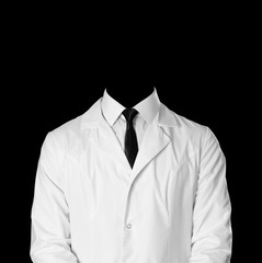 Doctor. A man in a white coat, white shirt and black tie. Without a face. Isolated on black background