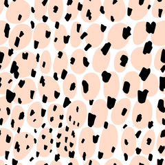 Vector seamless pattern with calligraphic brush strokes and dots. Hand drawn stripes and dash. 