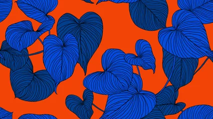 Selbstklebende Fototapeten Foliage seamless pattern, leaves line art ink drawing in blue on red © momosama