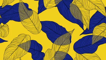 Selbstklebende Fototapeten Foliage seamless pattern, leaves line art ink drawing in blue and yellow on yellow © momosama