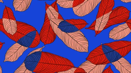 Gordijnen Foliage seamless pattern, leaves line art ink drawing in red on blue © momosama