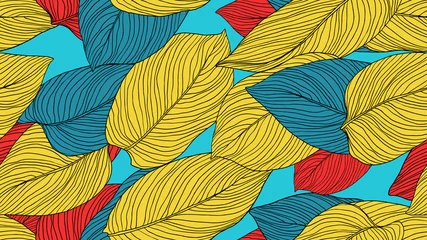 Fotobehang Foliage seamless pattern, leaves line art ink drawing in yellow, blue and red on blue © momosama