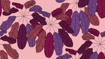 Selbstklebende Fototapeten Foliage seamless pattern, leaves line art ink drawing in purple shades on pink © momosama