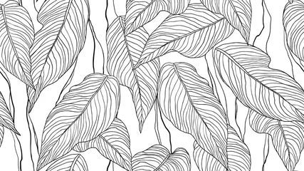 Wall murals Black and white Foliage seamless pattern, leaves line art ink drawing in black and white