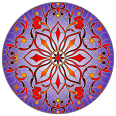 Illustration in stained glass style with abstract flowers, leaves and swirls, circular image on white background