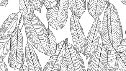 Gordijnen Gebladerte naadloos patroon, laat lijntekeningen inkt tekenen in zwart-wit © momosama