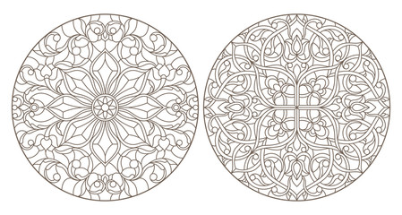 Set contour illustrations of stained glass, round stained glass floral ornaments , dark outline on a white background