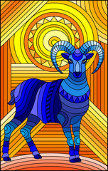 Illustration in stained glass style with abstract geometric blue ram on an orange background 