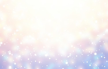 Snow falls blurred texture. Winter iridescent empty background. Xmas yellow, pink, blue glare decoration. Garland lights festive backdrop.