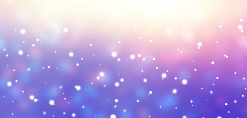 Magical background with snowfall pattern. Winter holiday banner. Yellow pink lilac purple glare abstract illustration. Iridescent blurred texture. Xmas tree garland lights defocused. Festive trend.