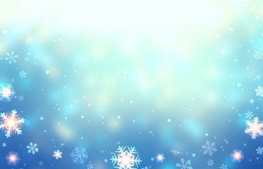 Fototapeta premium Shiny snowflakes and snow on white blue glare empty background. Festive blurred texture. Winter abstract illustration. Christmas decor. New Year trend image.