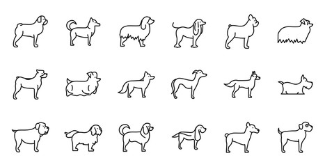set of dogs breed standing icons linear style