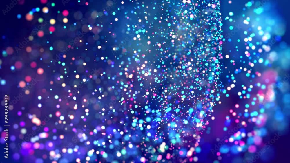 Poster glitter magic multicolor particles fly and glow in viscous liquid with amazing shining bokeh for fan