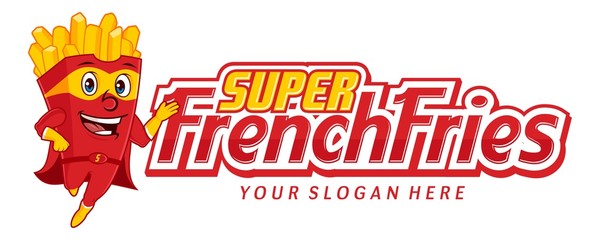 Super french fries logo template, with funny character cartoon vector, food logo template