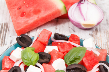 Fresh prepared salad of watermelon and feta cheese as source healthy minerals