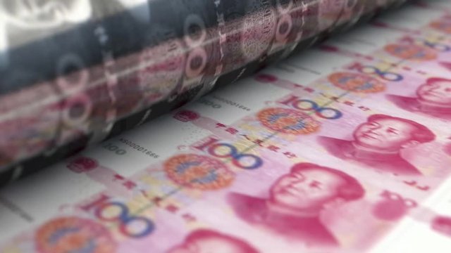 A loop able animation concept image showing a long sheet of Chinese yuan renminbi notes going through a print roller in its final phase of a print run