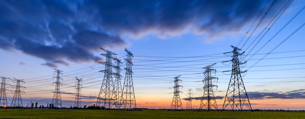 High voltage electricity tower sky sunset landscape,industrial background. - obrazy, fototapety, plakaty