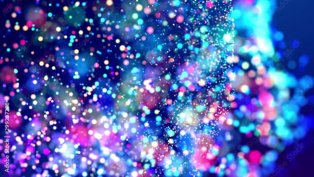 Poster glitter magic multicolor particles fly and glow in viscous liquid with amazing shining bokeh for fan