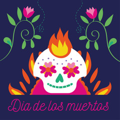 dia de los muertos card with lettering and skull