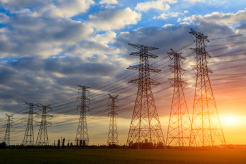 High voltage post,high voltage tower sky sunset landscape,industrial background.