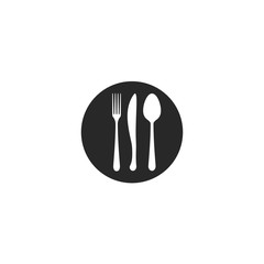 Cutlery round icon knife, fork, spoon on a plate black and white logo for fast food dining