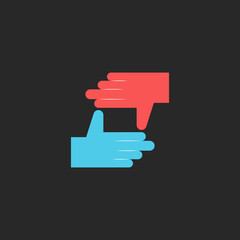 Two logo hands in the form of a movie clapper symbol of friendship and partnership