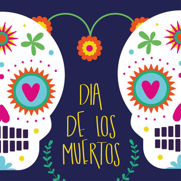 dia de los muertos card with lettering and skulls