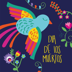 Fototapeta na wymiar dia de los muertos card lettering with bird and flowers