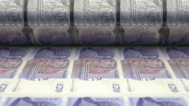 A loop able animation concept image showing a long sheet of british pound notes going through a print roller in its final phase of a print run