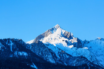 Panoramic Alpine winter view of Alpspitze mountain, Garmisch Partenkirchen, Bavaria, Germany.