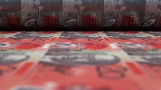 A loop able animation concept image showing a long sheet of Australian dollar notes going through a print roller in its final phase of a print run