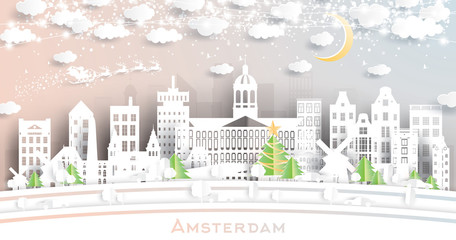 Amsterdam Holland City Skyline in Paper Cut Style with Snowflakes, Moon and Neon Garland.