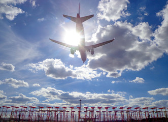 Jet Aircraft Soars Overhead Moments Before Landing at Major International Airport in London, United...