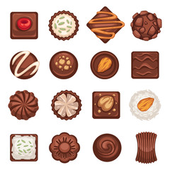 Dessert or chocolate candies isolated icons, coffee break snack