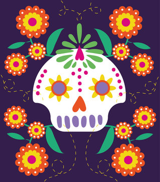 dia de los muertos card with skull and flowers
