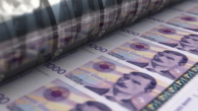 A loop able animation concept image showing a long sheet of Norwegian Kroner notes going through a print roller in its final phase of a print run